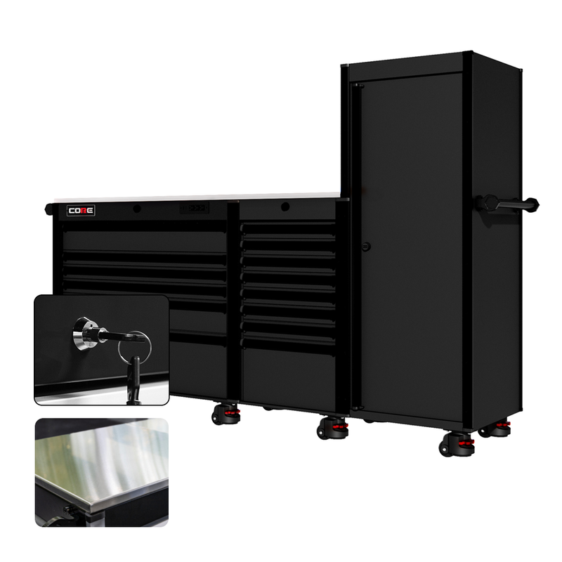 88 Series - 13 Drawers with Tall Locker - Black Handles - Foot Casters