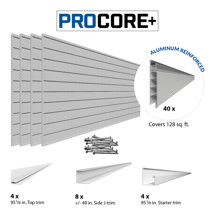 4 x 8 pieds. PROCORE+ Mur à lattes en PVC en fibre de carbone gris argenté – paquet de 4 128 pieds carrés