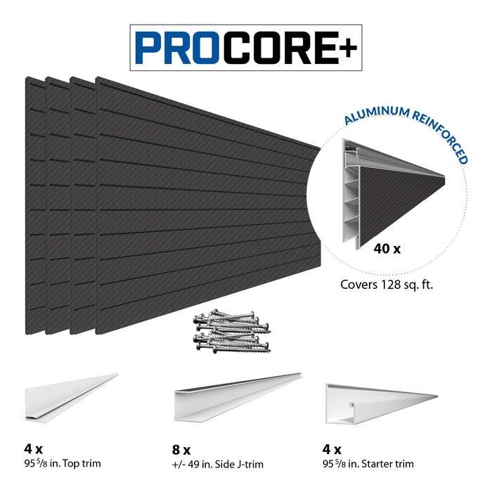 4 x 8 pieds. PROCORE+ Mur à lattes en PVC en fibre de carbone noir – Paquet de 4 128 pi²