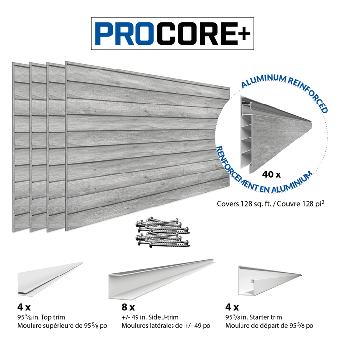 4 x 8 pieds. Mur à lattes en PVC PROCORE+ en bois gris – paquet de 4 128 pi²