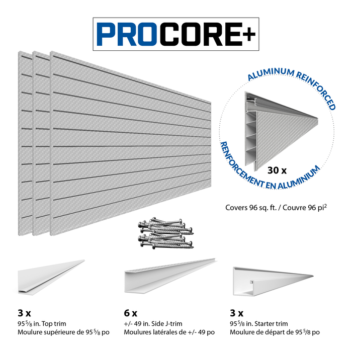 Mur à lattes en PVC en fibre de carbone gris argenté PROCORE+ de 4 x 8 pi – paquet de 3 96 pi²