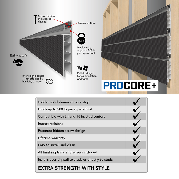 4 x 8 pieds. PROCORE+ Mur à lattes en PVC en fibre de carbone noir – Paquet de 4 128 pi²